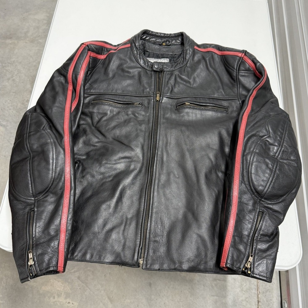Chicago Leather Motorcycle Jacket Mens XXL Black Excellent Red Racing Stripes